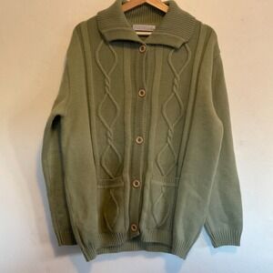 Fiorella Vtg Cardigan Sweater Chunky Cable Knit Pockets Academia Relax Green XL